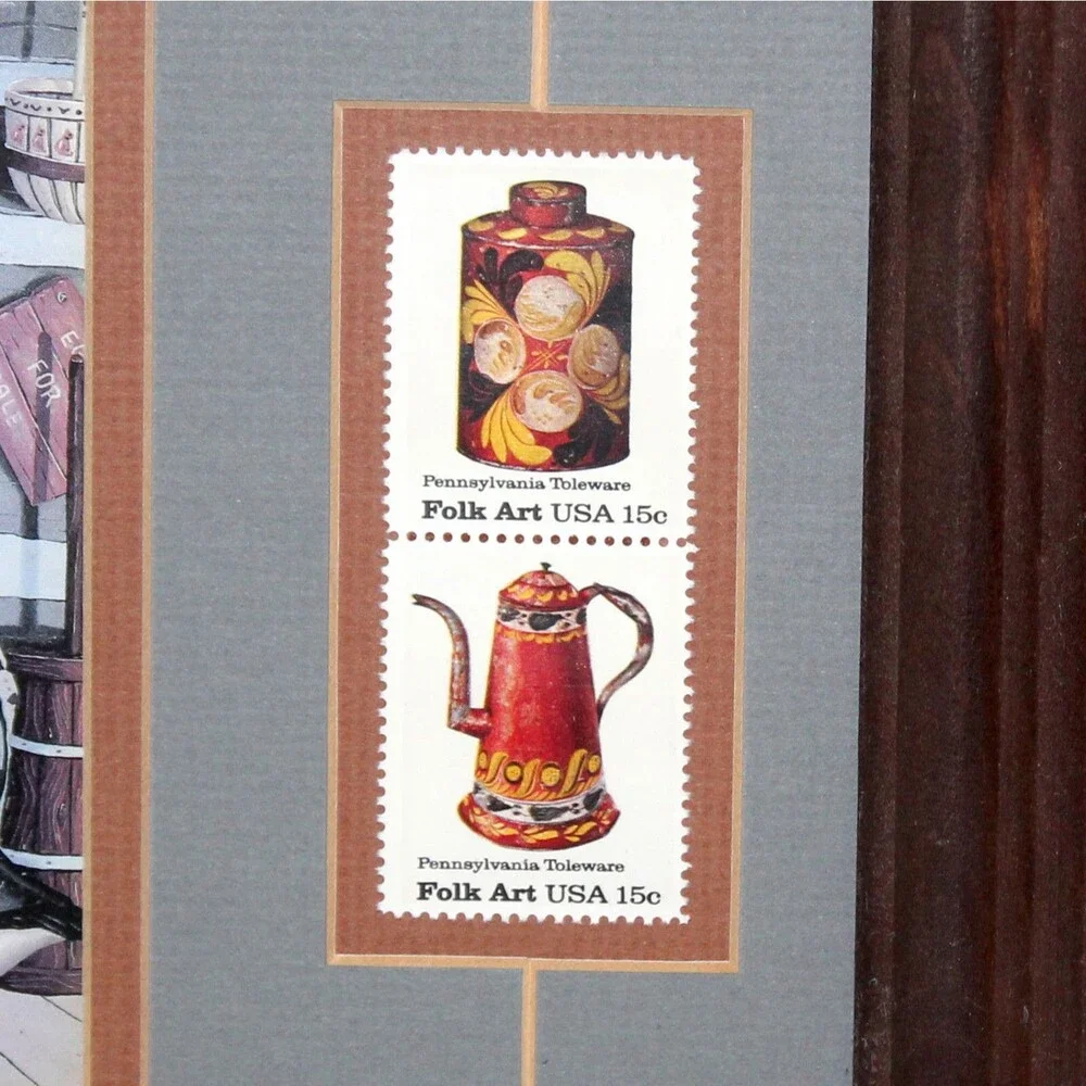Folk Art USA USPS Stamps + Card Framed Pennsylvania Toleware decor primitive